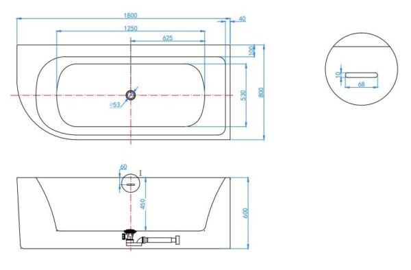 Bad 1800x800mm back-to-wall hoek rechts wit mat - Afbeelding 2